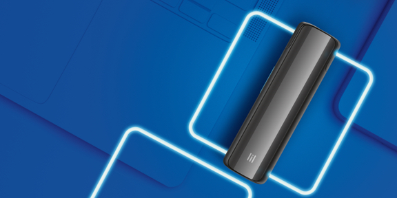 Stone Grey lil SOLID 2.0 device on blue background with blue neon squares