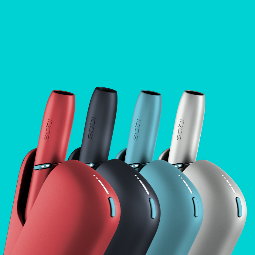 IQOS Originals Duo heated tobacco device in 4 vibrant colors: red, black, turquoise and silver.