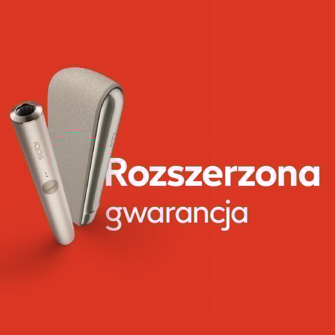 IQOS ILUMA na czerwonym tle, z napisem „Rozszerzona gwarancja”