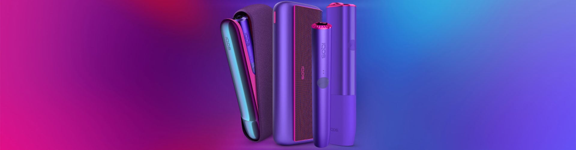 : Stojące obok siebie urządzenia IQOS ILUMA, IQOS ILUMA PRIME i IQOS ILUMA ONE w limitowanej edycji Neon Purple