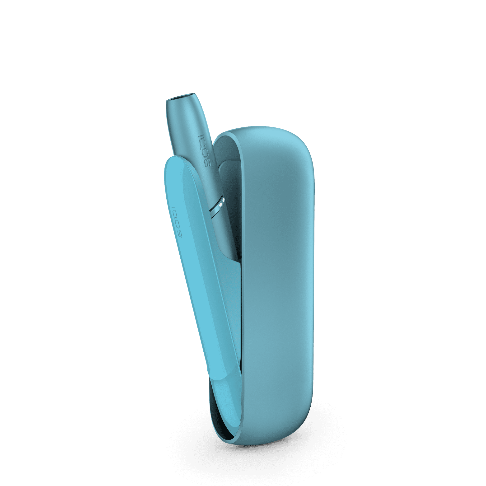 IQOS Originals Duo heated tobacco device (holder and pocket charger) in turquoise color.