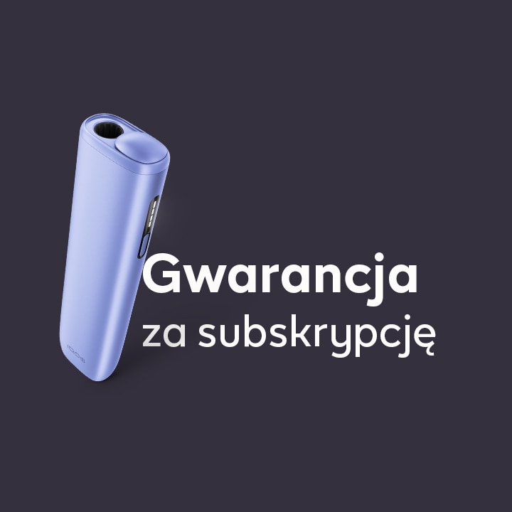 fioletowy IQOS ILUMA i ONE obok tekstu Gwarancja za subskrypcję
