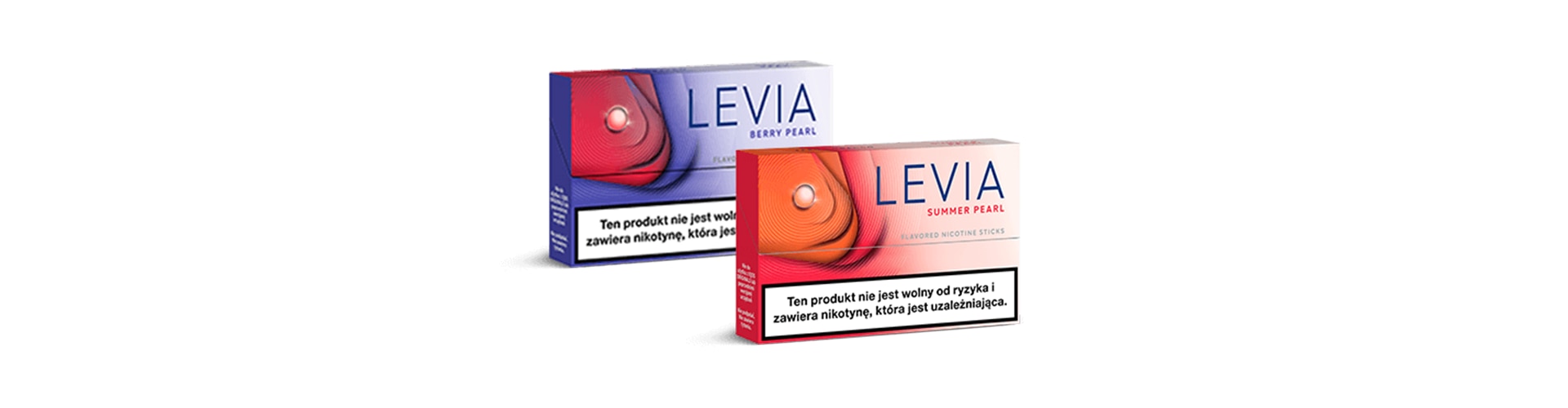 Stojące obok siebie dwie paczki wkładów nikotynowych LEVIA z kapsułką, LEVIA Berry Pearl i LEVIA Summer Pearl