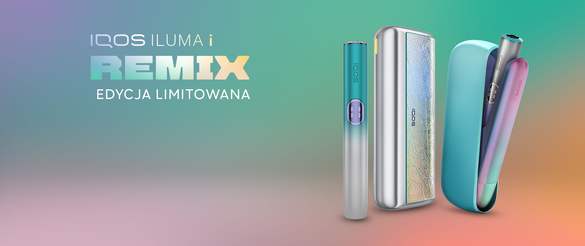 Podgrzewacze tytoniu edycja limitowana IQOS ILUMA i REMIX oraz IQOS ILUMA i w kolorach srebrno-niebieskich na kolorowym tle ​