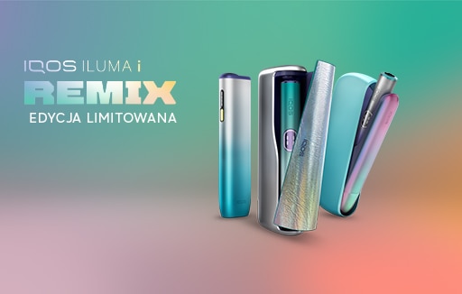 Urządzenie IQOS ILUMA i REMIX w limitowanej edycji na pastelowym, gradientowym tle, z widocznym holderem oraz opakowaniem wkładów TEREA