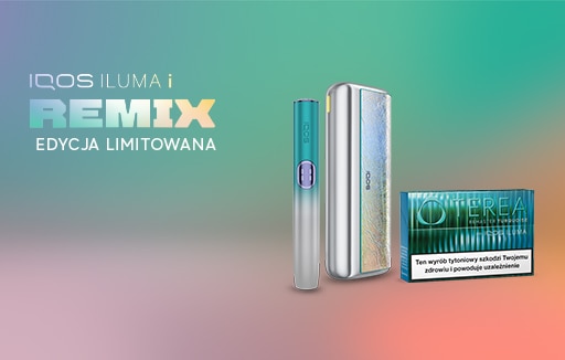 Urządzenie IQOS ILUMA i REMIX w limitowanej edycji na pastelowym, gradientowym tle, z widocznym holderem oraz opakowaniem wkładów TEREA