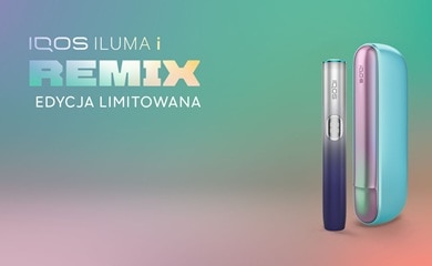 Urządzenie IQOS ILUMA i REMIX w limitowanej edycji na pastelowym, gradientowym tle, z widocznym holderem oraz opakowaniem wkładów TEREA